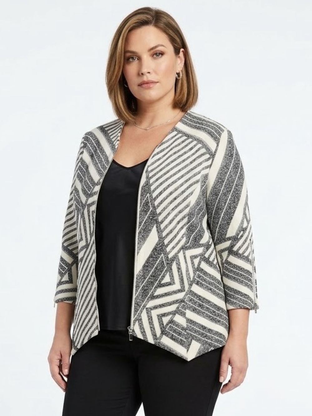 Joseph Ribkoff Grey White Geometric Zippered Jacket Woman Lady Size 12